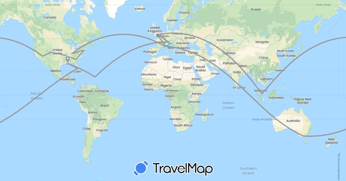TravelMap itinerary: driving, plane, boat in Australia, Switzerland, France, United Kingdom, Italy, Monaco, Singapore, United States (Asia, Europe, North America, Oceania)